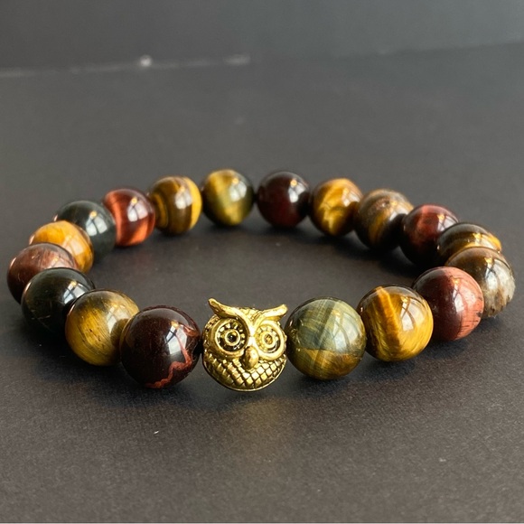 Tri Color Tigers Eye Gemstone Bracelet With Gold Owl Charm - Picture 1 of 6